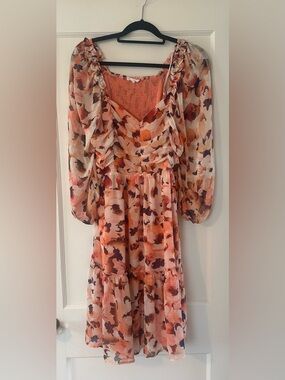 Floral Ruffle Tiered Midi Dress in Peach Pink Size XL